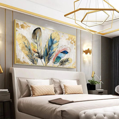 GOLDEN AND BLUE FEATHERS: Vibrant Feather Painting, Horizontal Wall Art | black frame version on white wall