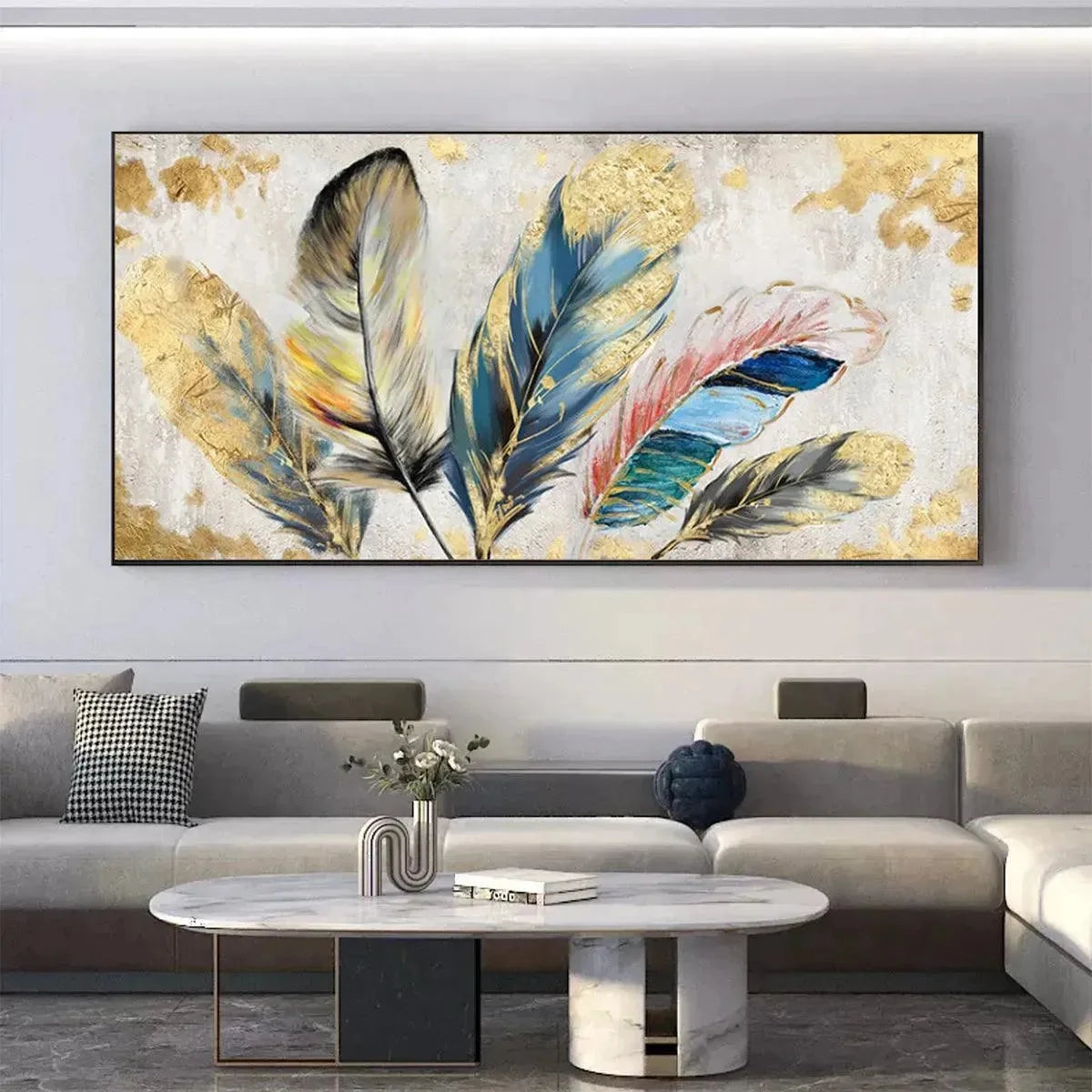 GOLDEN AND BLUE FEATHERS: Vibrant Feather Painting, Horizontal Wall Art | Figurative mood, soft natural light studio shot