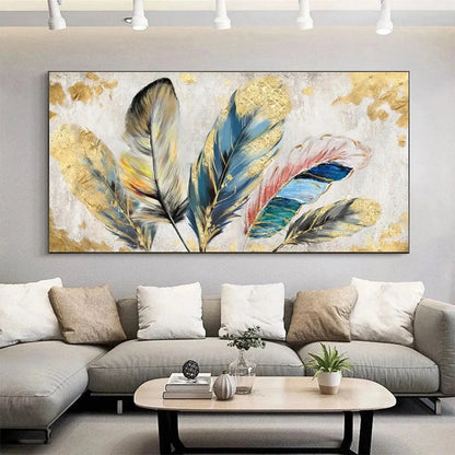 GOLDEN AND BLUE FEATHERS: Vibrant Feather Painting, Horizontal Wall Art | yellow palette, original oil on stretched canvas art