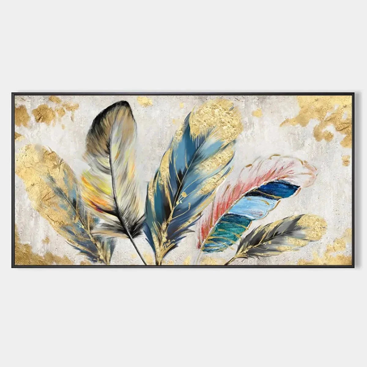 GOLDEN AND BLUE FEATHERS: Vibrant Feather Painting, Horizontal Wall Art | hanging in living room, Figurative wall art