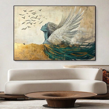 GOLDEN ASCENSION: Ethereal Angel with Birds Oil Painting | Figurative closeup, raised brushwork detail