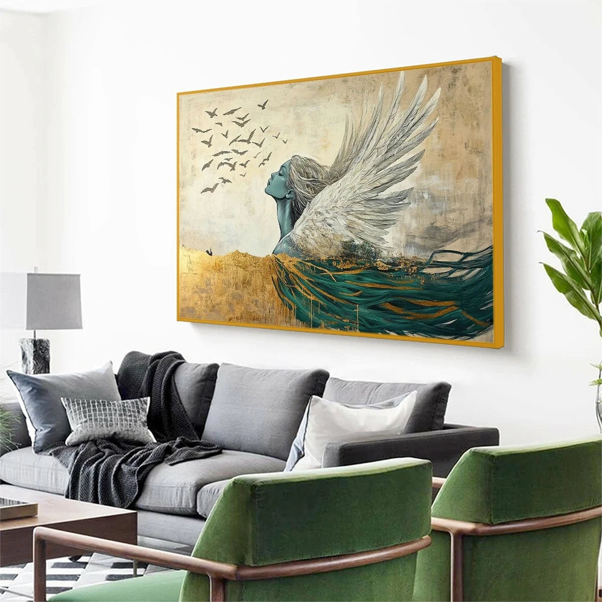 GOLDEN ASCENSION: Ethereal Angel with Birds Oil Painting | gold frame stretched on neutral wall