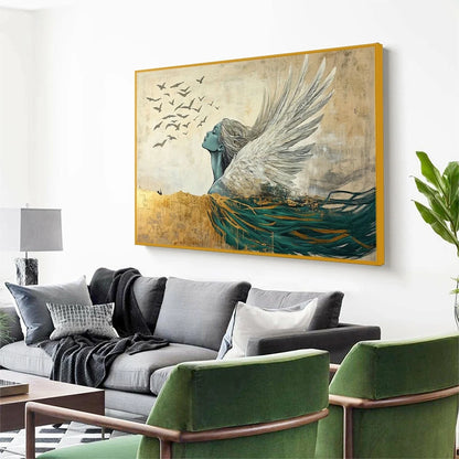 GOLDEN ASCENSION: Ethereal Angel with Birds Oil Painting | gold frame stretched on neutral wall