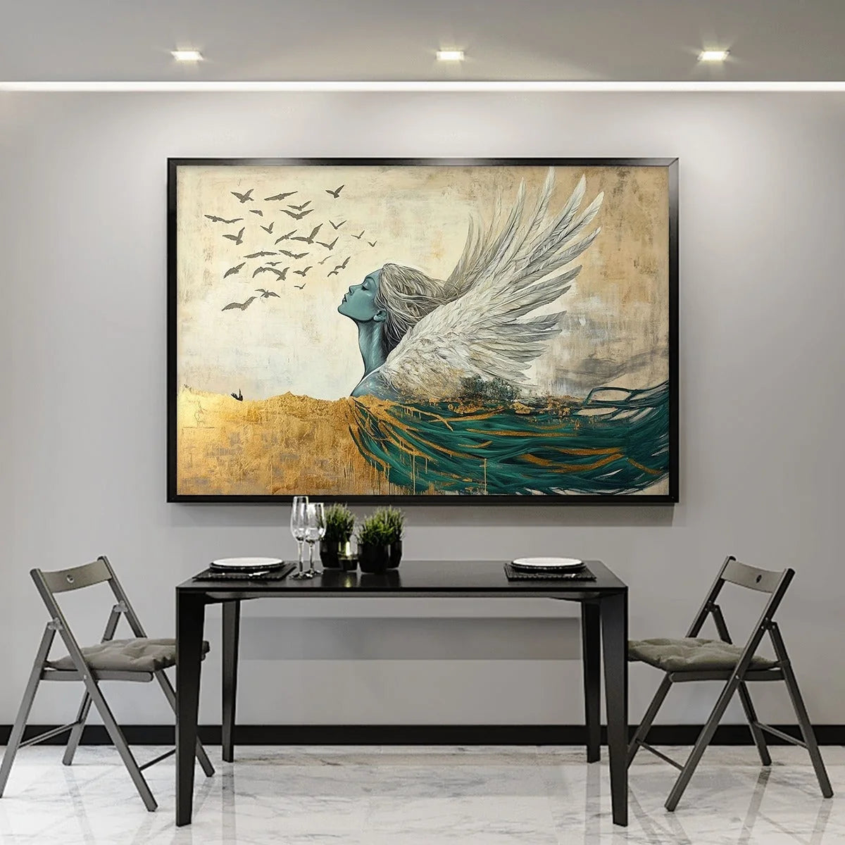 GOLDEN ASCENSION: Ethereal Angel with Birds Oil Painting | black frame version on white wall
