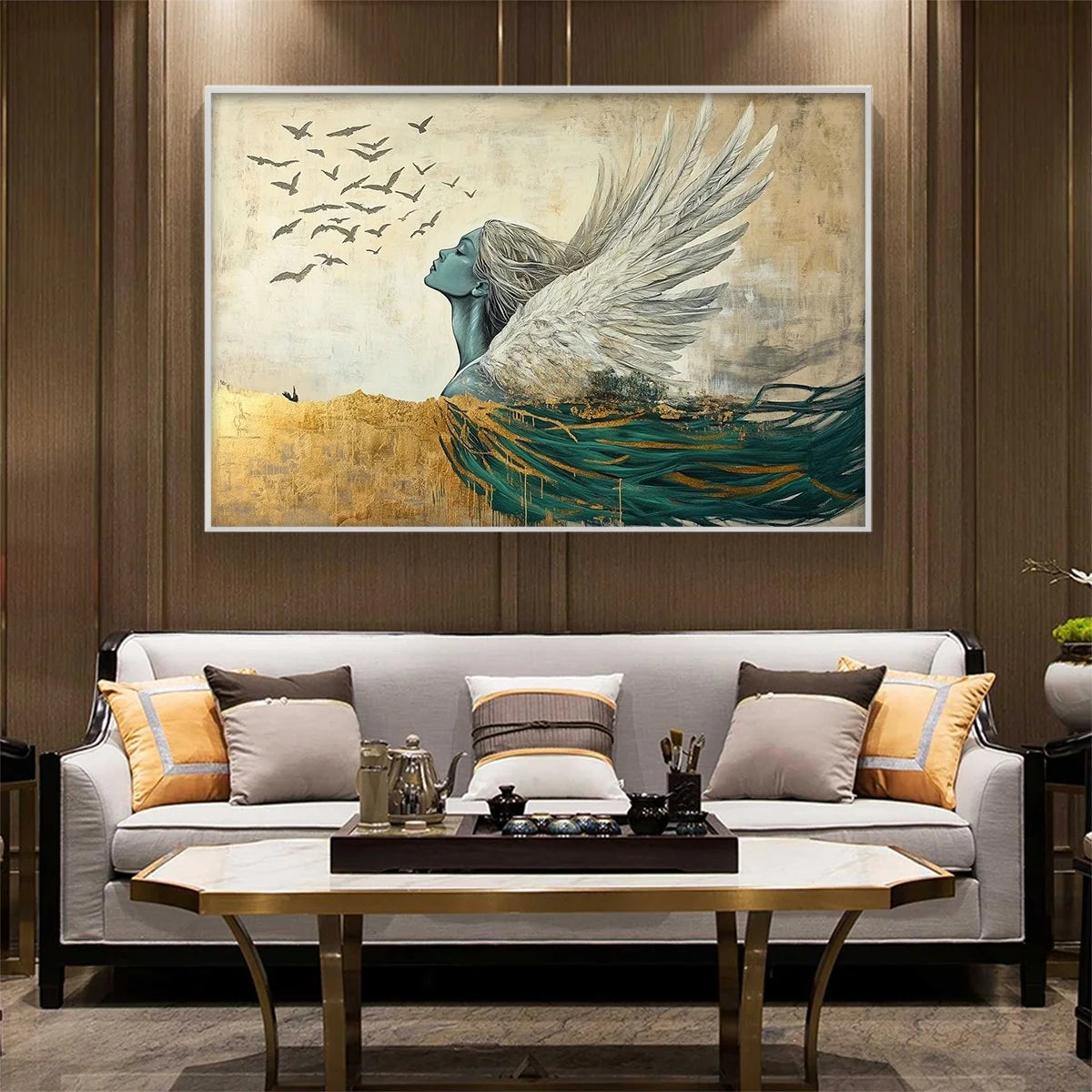 GOLDEN ASCENSION: Ethereal Angel with Birds Oil Painting | Figurative mood, soft natural light studio shot