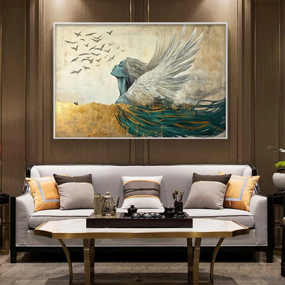 GOLDEN ASCENSION: Ethereal Angel with Birds Oil Painting | Figurative mood, soft natural light studio shot
