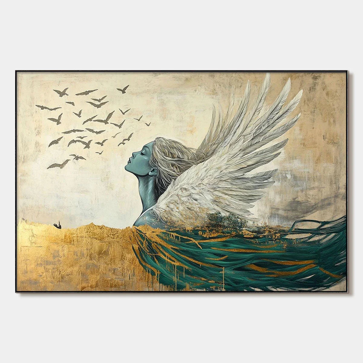 GOLDEN ASCENSION: Ethereal Angel with Birds Oil Painting | hanging in living room, Figurative wall art