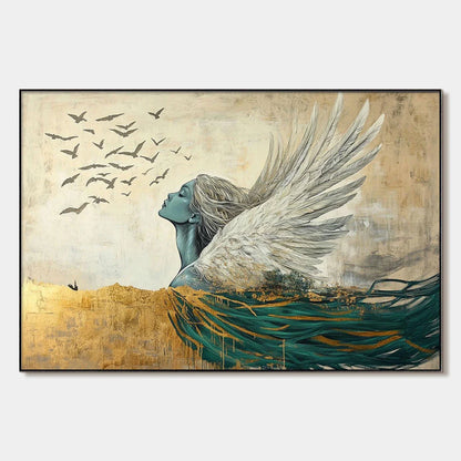 GOLDEN ASCENSION: Ethereal Angel with Birds Oil Painting | hanging in living room, Figurative wall art