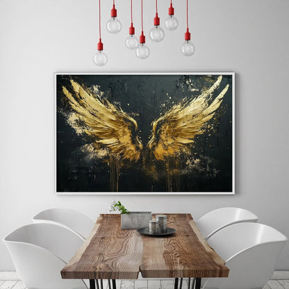 GOLDEN ASCENSION: Textured Gold Wings Oil Painting on Black Canvas | Figurative closeup, raised brushwork detail