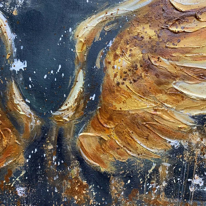 GOLDEN ASCENSION: Textured Gold Wings Oil Painting on Black Canvas | rectangular format, hand-painted canvas edge