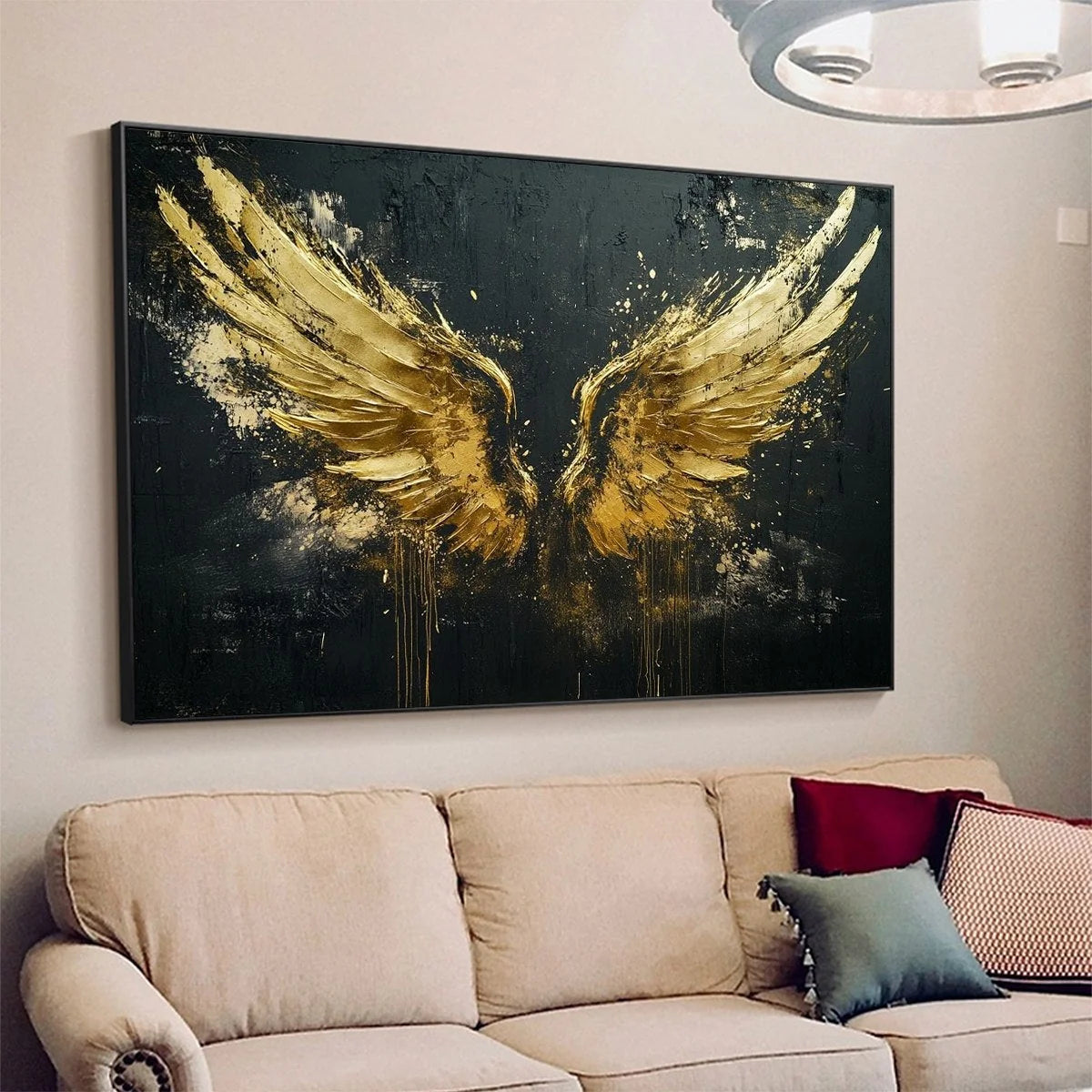 GOLDEN ASCENSION: Textured Gold Wings Oil Painting on Black Canvas | gold frame stretched on neutral wall