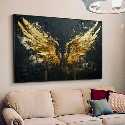 GOLDEN ASCENSION: Textured Gold Wings Oil Painting on Black Canvas | gold frame stretched on neutral wall