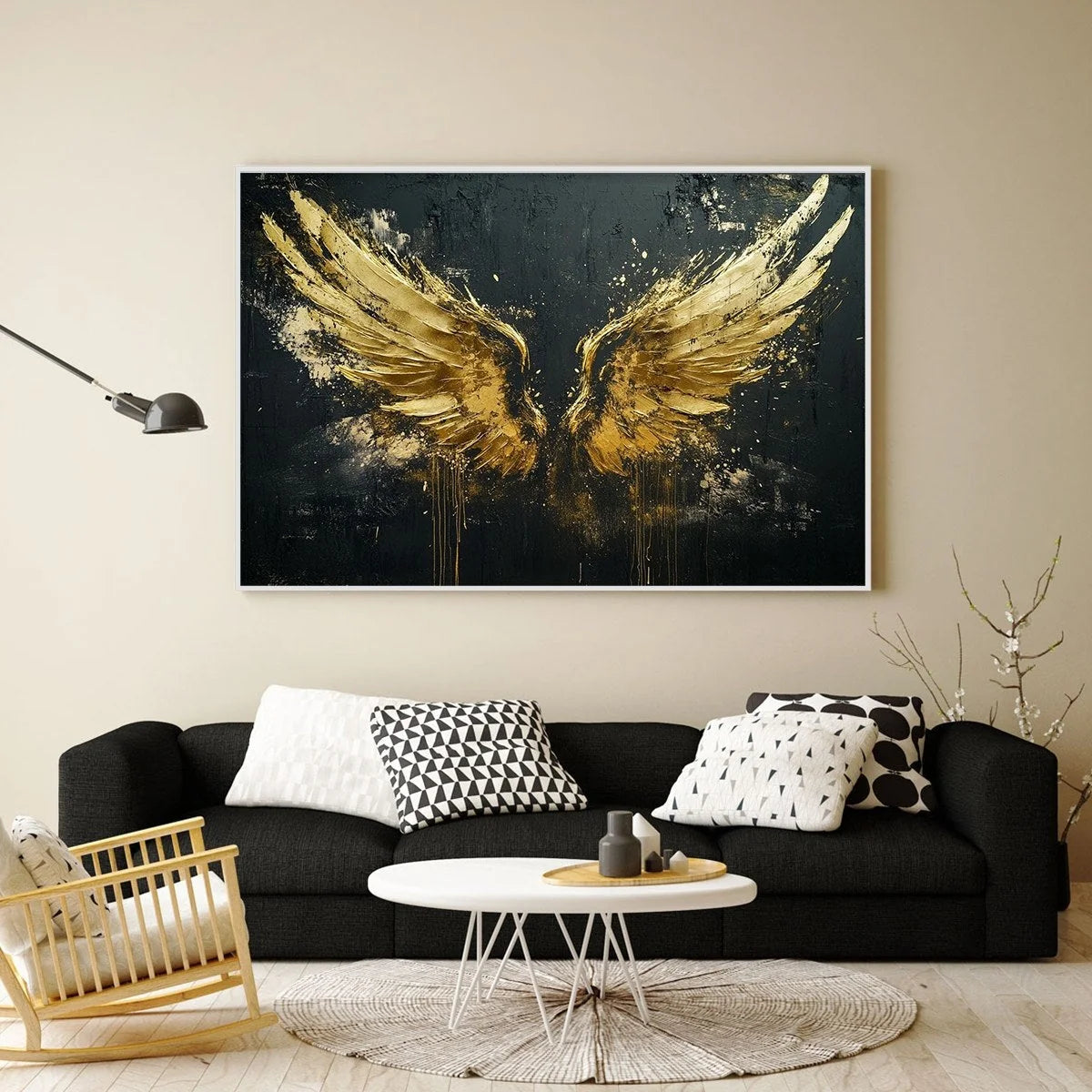 GOLDEN ASCENSION: Textured Gold Wings Oil Painting on Black Canvas | rolled canvas, ready for custom framing