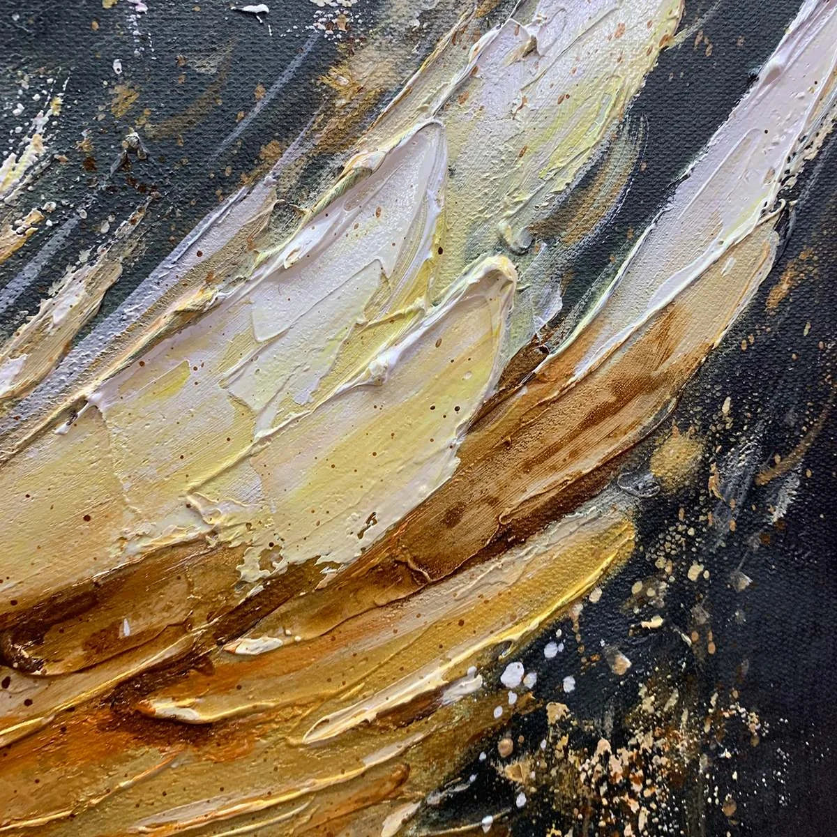GOLDEN ASCENSION: Textured Gold Wings Oil Painting on Black Canvas | black frame version on white wall