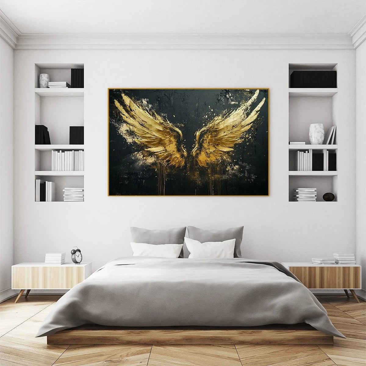 GOLDEN ASCENSION: Textured Gold Wings Oil Painting on Black Canvas | Figurative mood, soft natural light studio shot