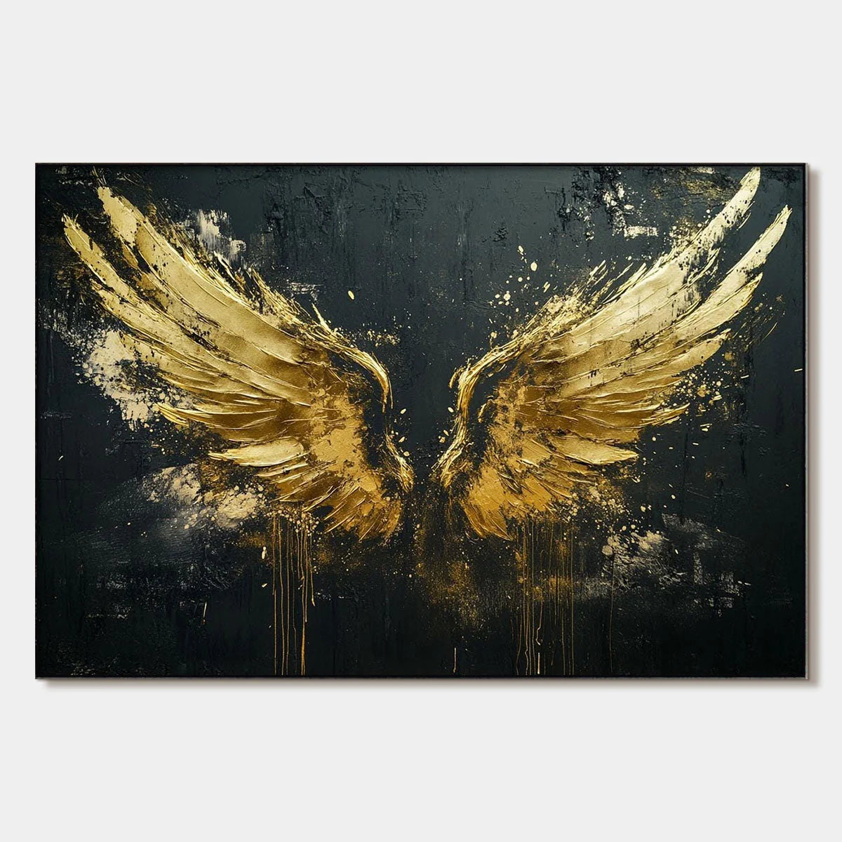 GOLDEN ASCENSION: Textured Gold Wings Oil Painting on Black Canvas | hanging in living room, Figurative wall art