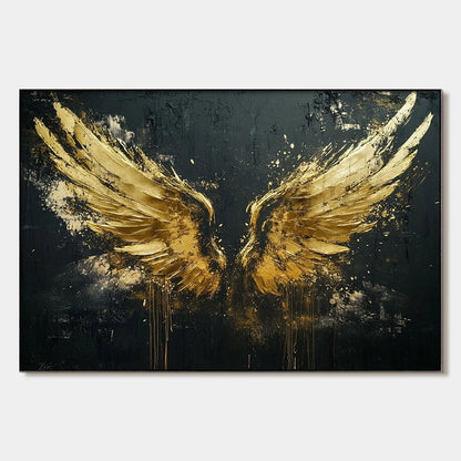 GOLDEN ASCENSION: Textured Gold Wings Oil Painting on Black Canvas | hanging in living room, Figurative wall art