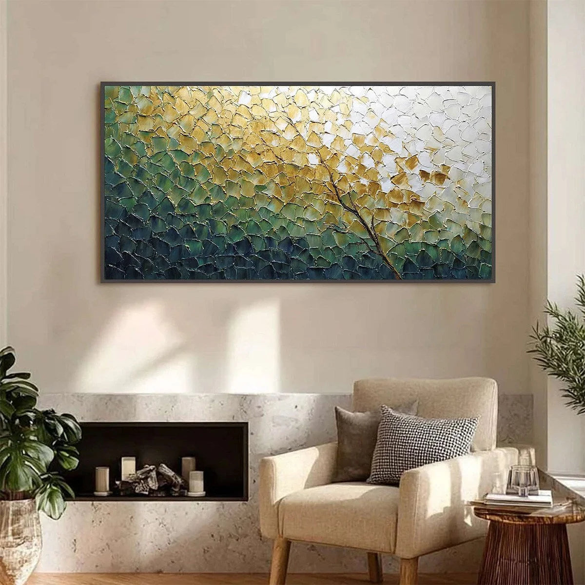 GOLDEN ASCENT: Heavily Textured Abstract Tree Landscape Painting | Figurative closeup, raised brushwork detail