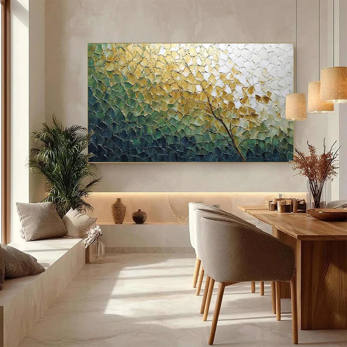 GOLDEN ASCENT: Heavily Textured Abstract Tree Landscape Painting | gold frame stretched on neutral wall