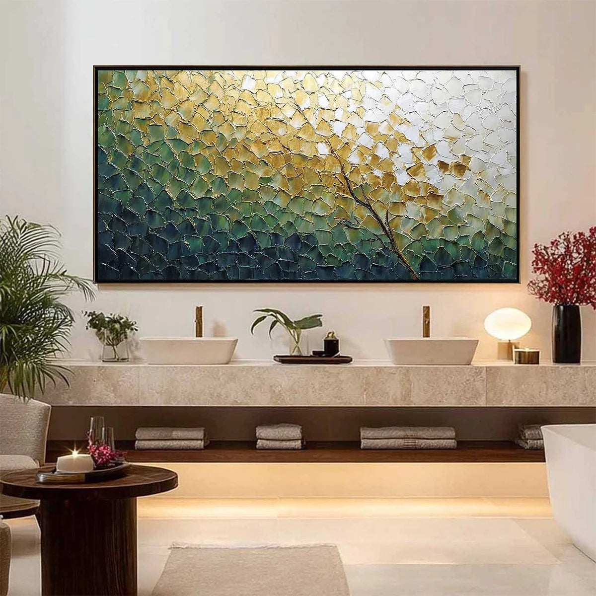 GOLDEN ASCENT: Heavily Textured Abstract Tree Landscape Painting | black frame version on white wall