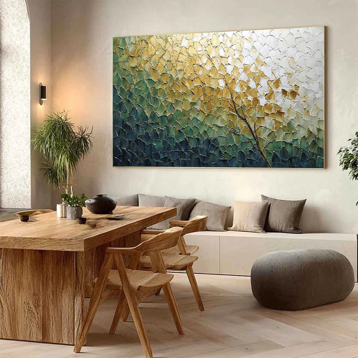 GOLDEN ASCENT: Heavily Textured Abstract Tree Landscape Painting | Figurative mood, soft natural light studio shot