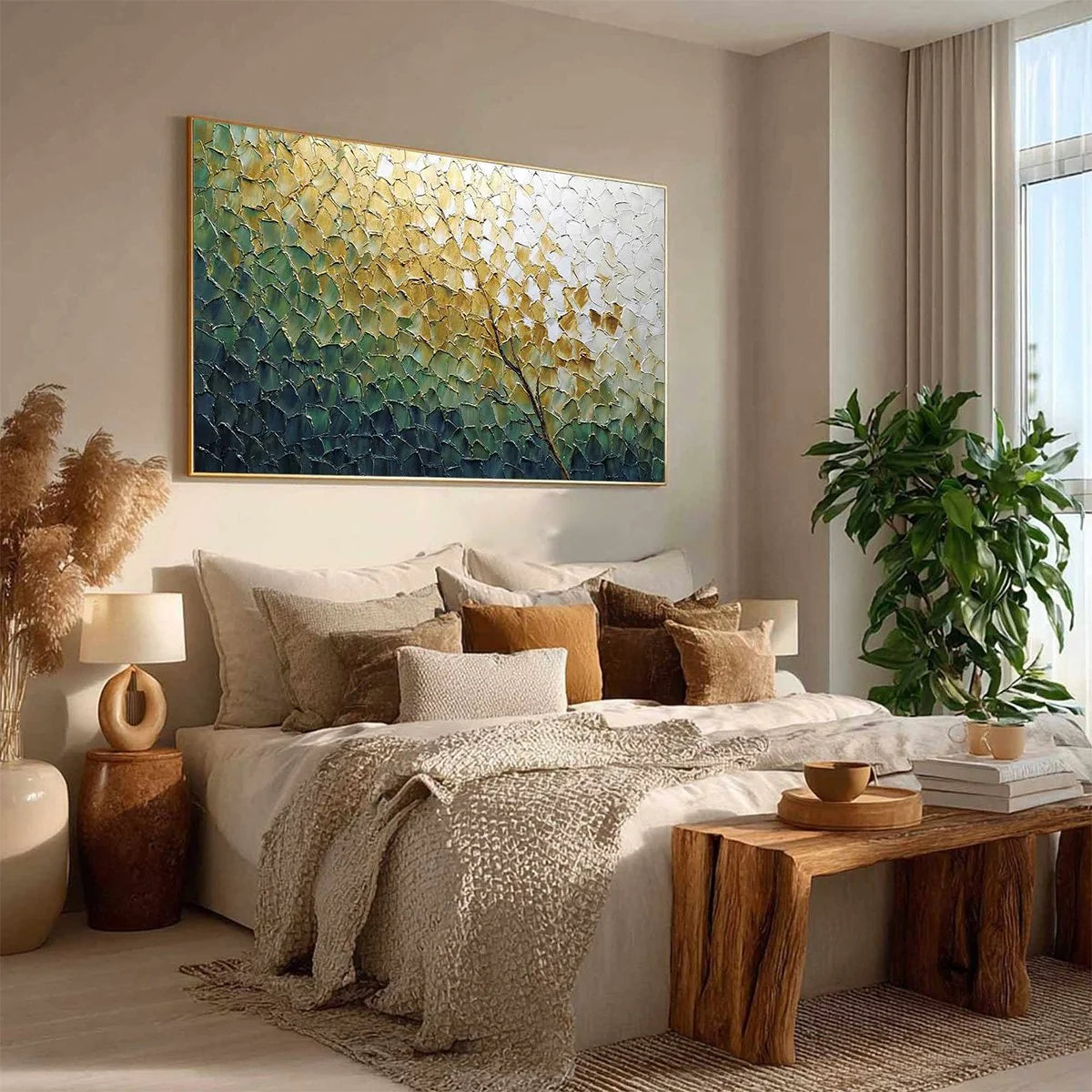 GOLDEN ASCENT: Heavily Textured Abstract Tree Landscape Painting | yellow palette, original oil on stretched canvas art