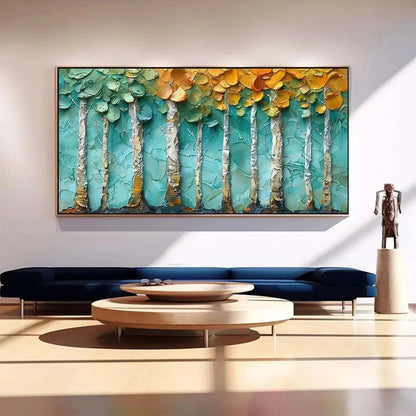 GOLDEN ASPEN GROVE: Textured Forest Painting, Impasto Wall Art, Horizontal Canvas, Landscape Art | Landscape closeup, raised brushwork detail