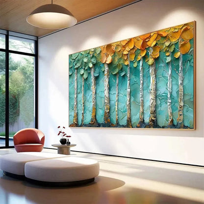 GOLDEN ASPEN GROVE: Textured Forest Painting, Impasto Wall Art, Horizontal Canvas, Landscape Art | gold frame stretched on neutral wall