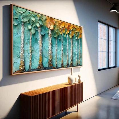 GOLDEN ASPEN GROVE: Textured Forest Painting, Impasto Wall Art, Horizontal Canvas, Landscape Art | rolled canvas, ready for custom framing