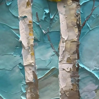 GOLDEN ASPEN GROVE: Textured Forest Painting, Impasto Wall Art, Horizontal Canvas, Landscape Art | black frame version on white wall