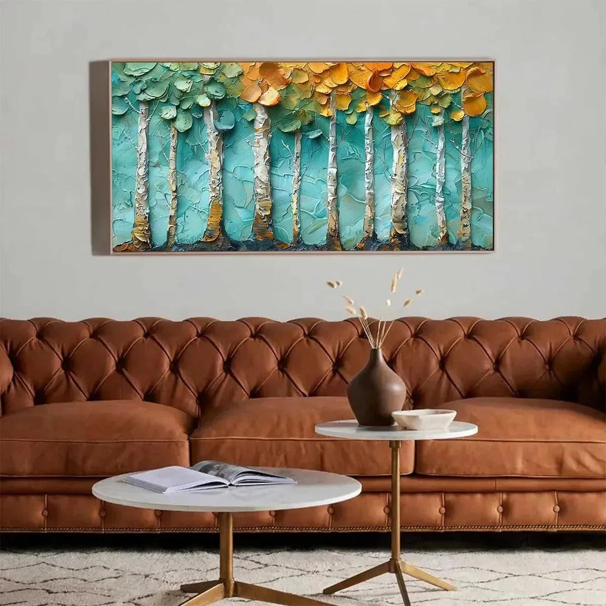 GOLDEN ASPEN GROVE: Textured Forest Painting, Impasto Wall Art, Horizontal Canvas, Landscape Art | Landscape mood, soft natural light studio shot
