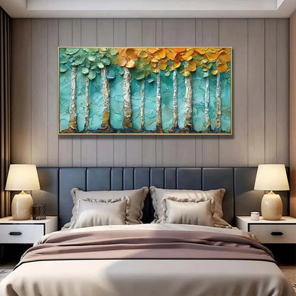 GOLDEN ASPEN GROVE: Textured Forest Painting, Impasto Wall Art, Horizontal Canvas, Landscape Art | green palette, original oil on stretched canvas art