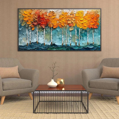 GOLDEN ASPEN: Textured Forest Painting, Impasto Wall Art, Horizontal Canvas, Autumn Decor | gold frame stretched on neutral wall