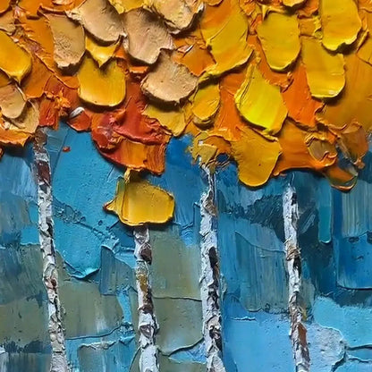 GOLDEN ASPEN: Textured Forest Painting, Impasto Wall Art, Horizontal Canvas, Autumn Decor | black frame version on white wall