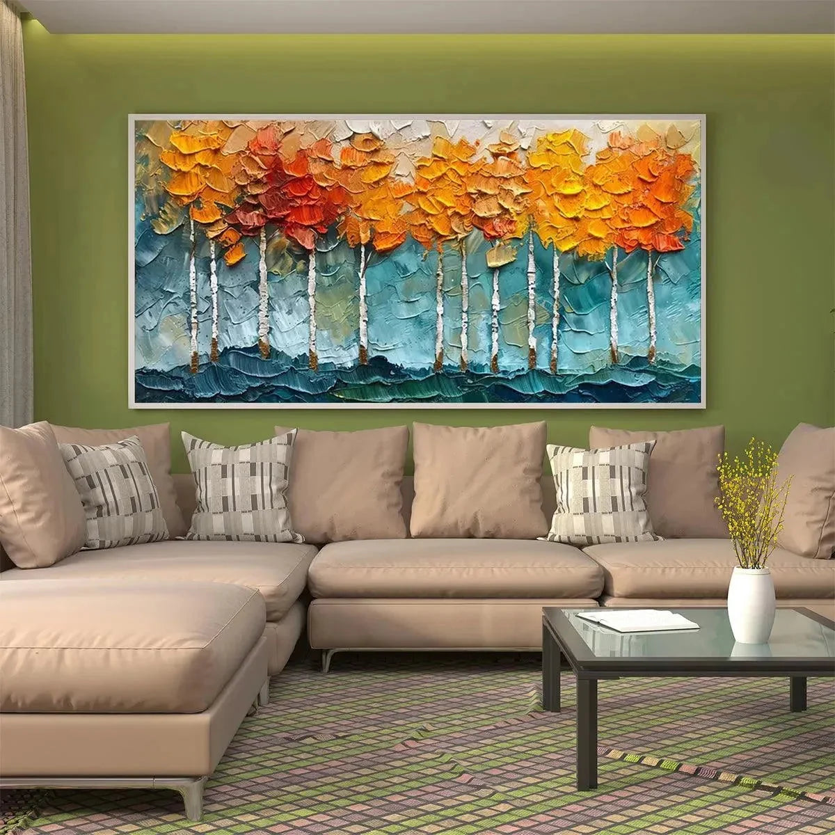 GOLDEN ASPEN: Textured Forest Painting, Impasto Wall Art, Horizontal Canvas, Autumn Decor | Figurative mood, soft natural light studio shot