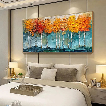 GOLDEN ASPEN: Textured Forest Painting, Impasto Wall Art, Horizontal Canvas, Autumn Decor | green palette, original oil on stretched canvas art