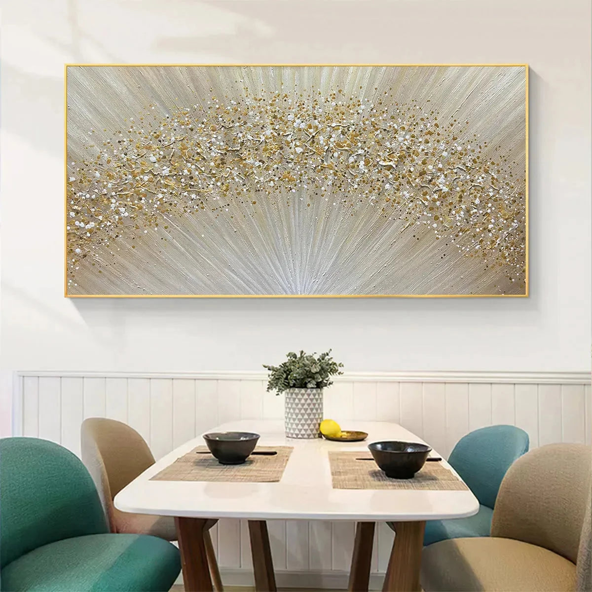 GOLDEN AURORA: Abstract Painting in Gold and Beige, Horizontal Canvas, Modern Wall Art | Figurative closeup, raised brushwork detail