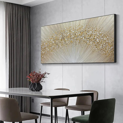 GOLDEN AURORA: Abstract Painting in Gold and Beige, Horizontal Canvas, Modern Wall Art | gold frame stretched on neutral wall