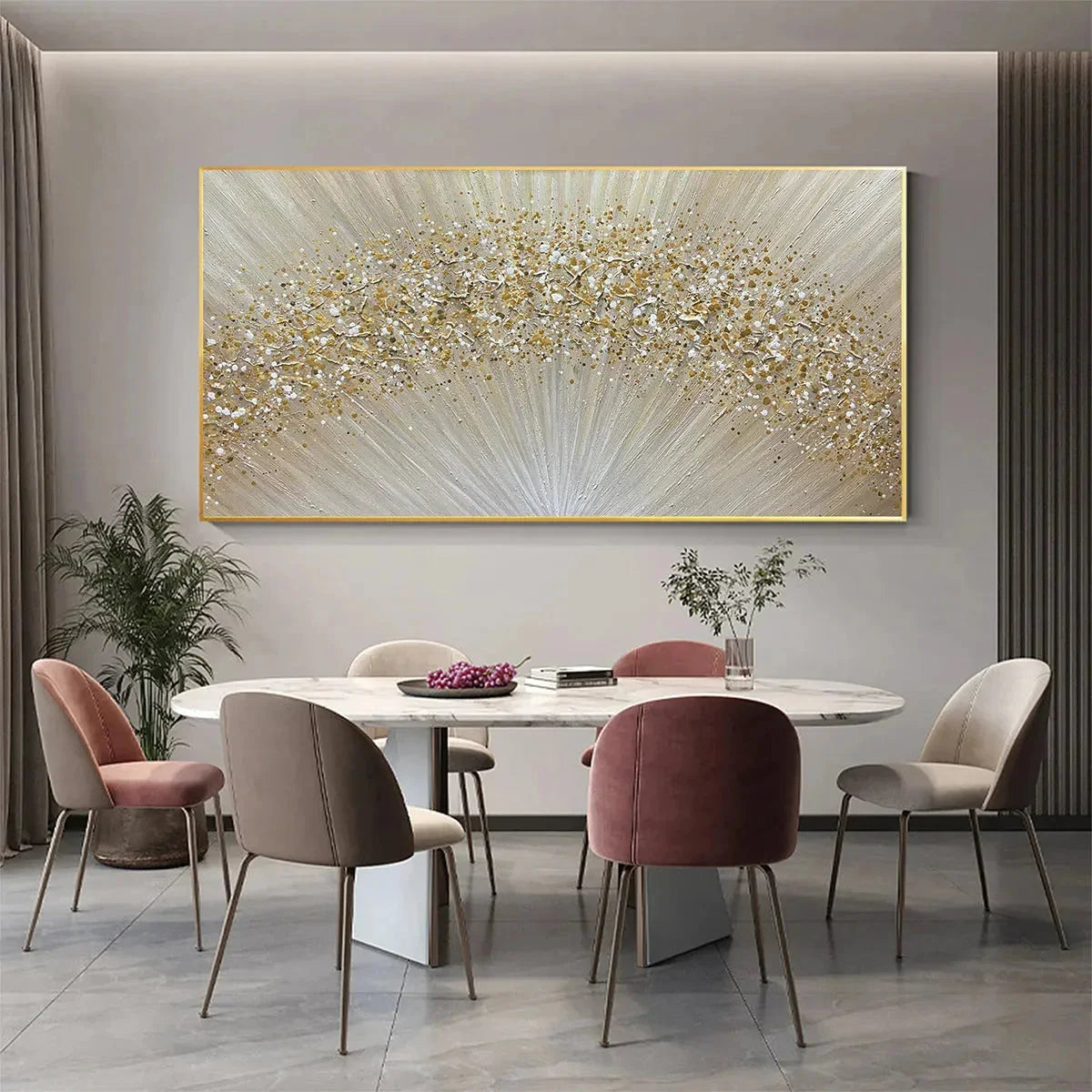 GOLDEN AURORA: Abstract Painting in Gold and Beige, Horizontal Canvas, Modern Wall Art | black frame version on white wall