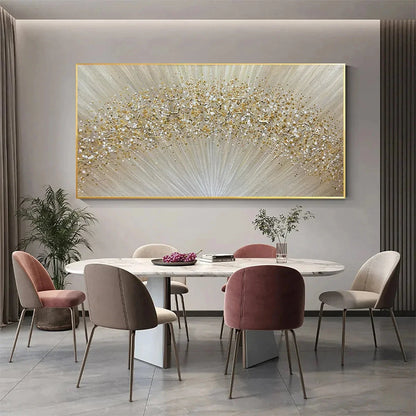 GOLDEN AURORA: Abstract Painting in Gold and Beige, Horizontal Canvas, Modern Wall Art | black frame version on white wall