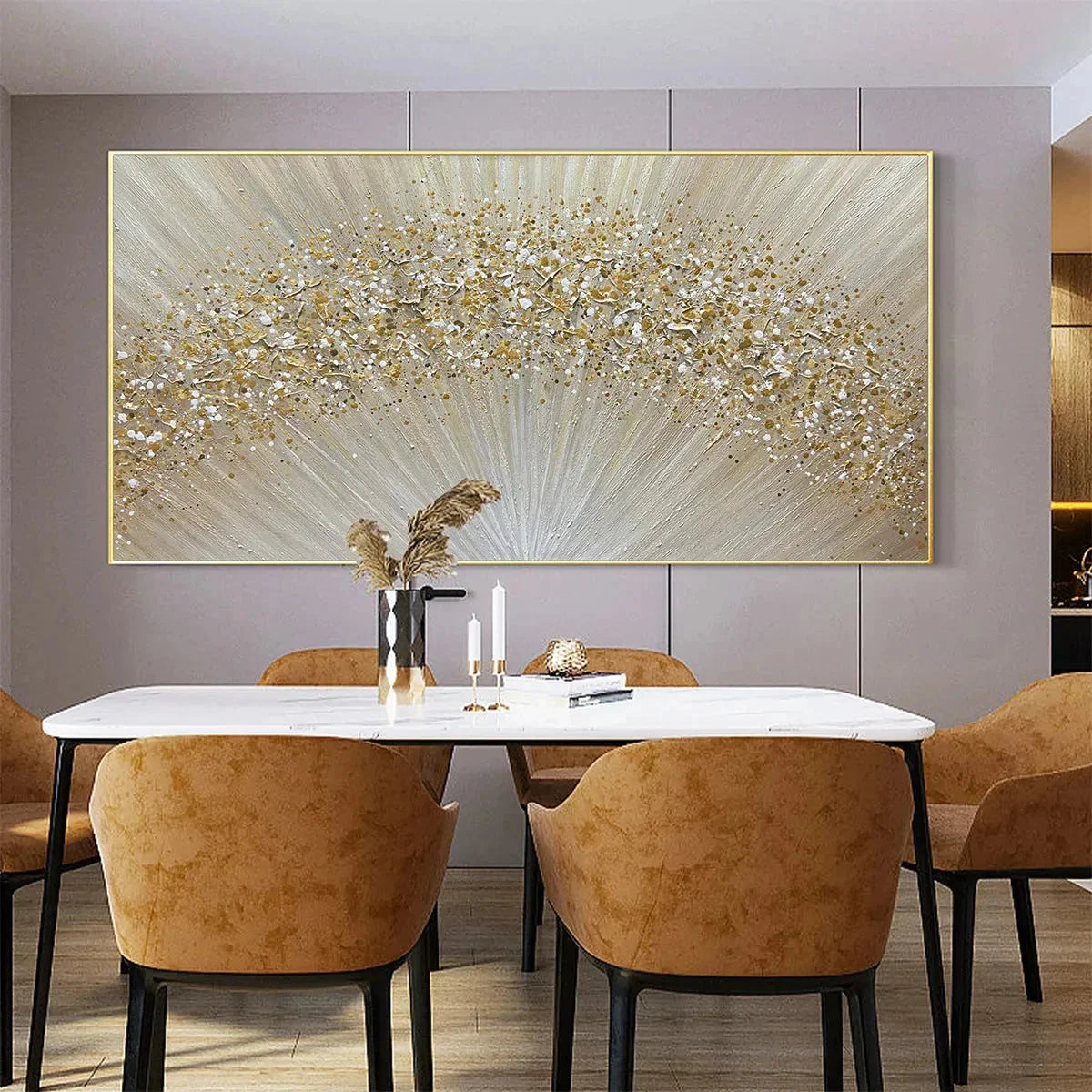 GOLDEN AURORA: Abstract Painting in Gold and Beige, Horizontal Canvas, Modern Wall Art | Figurative mood, soft natural light studio shot