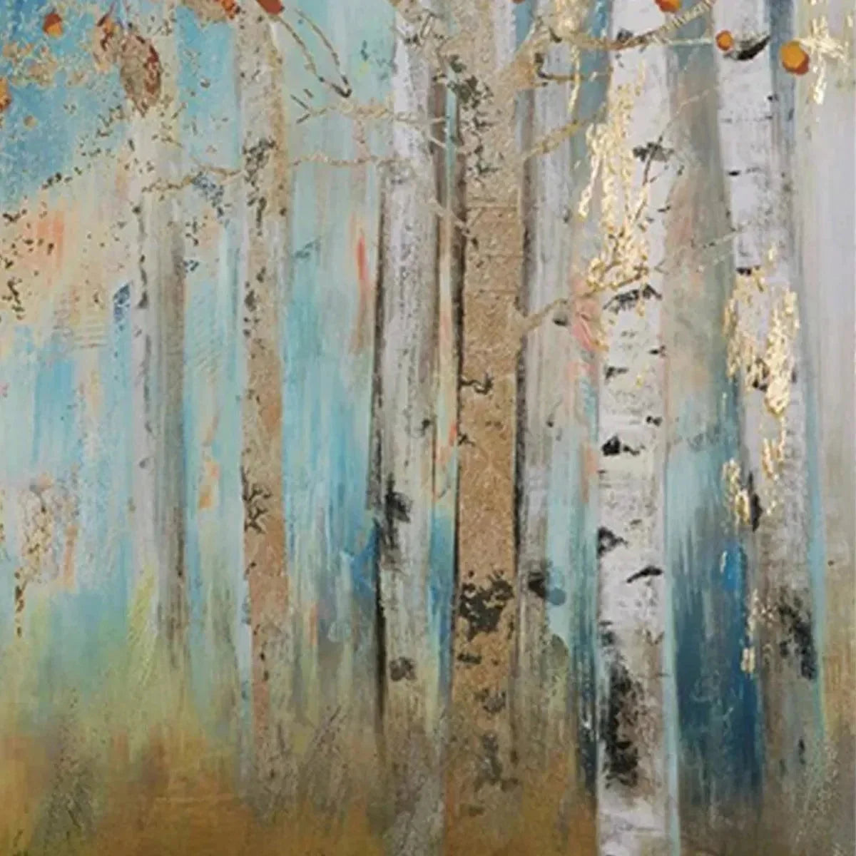 GOLDEN AUTUMN FOREST: Textured Autumn Forest Painting, Square Wall Art | gold frame stretched on neutral wall