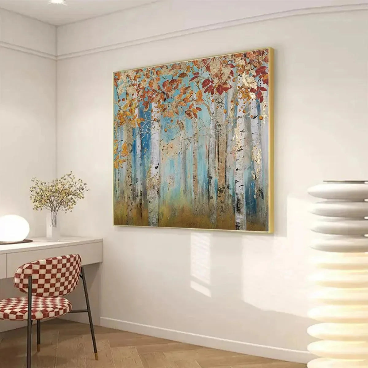 GOLDEN AUTUMN FOREST: Textured Autumn Forest Painting, Square Wall Art | rolled canvas, ready for custom framing