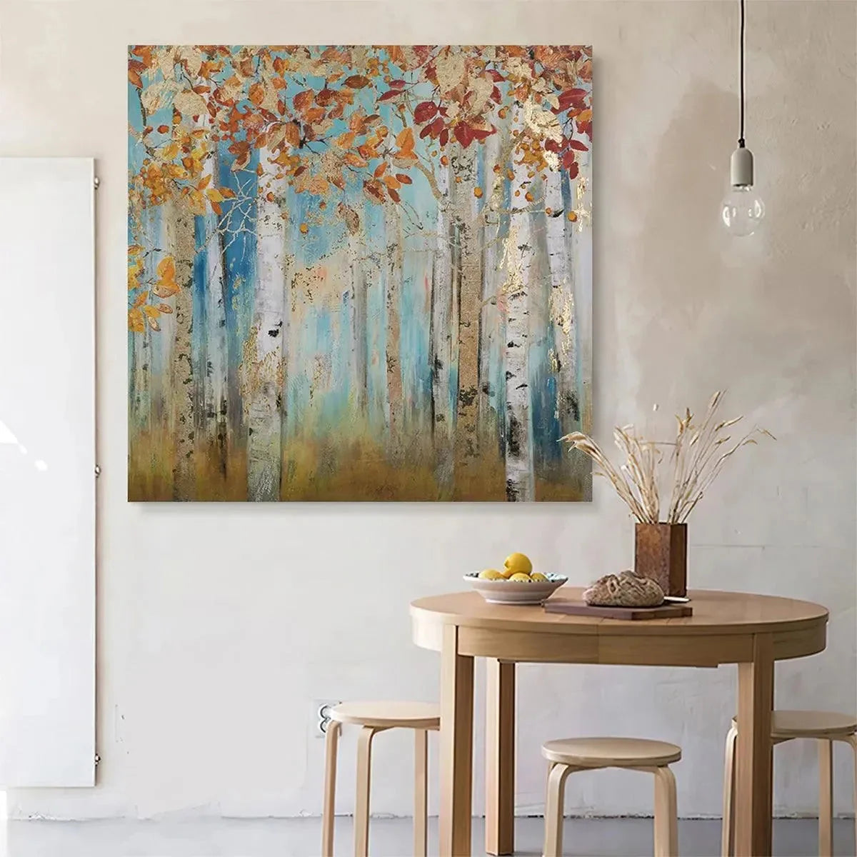 GOLDEN AUTUMN FOREST: Textured Autumn Forest Painting, Square Wall Art | black frame version on white wall