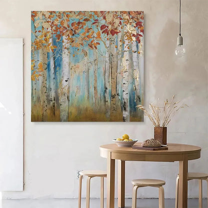 GOLDEN AUTUMN FOREST: Textured Autumn Forest Painting, Square Wall Art | black frame version on white wall