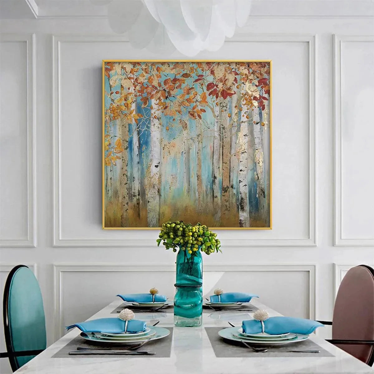 GOLDEN AUTUMN FOREST: Textured Autumn Forest Painting, Square Wall Art | green palette, original oil on stretched canvas art