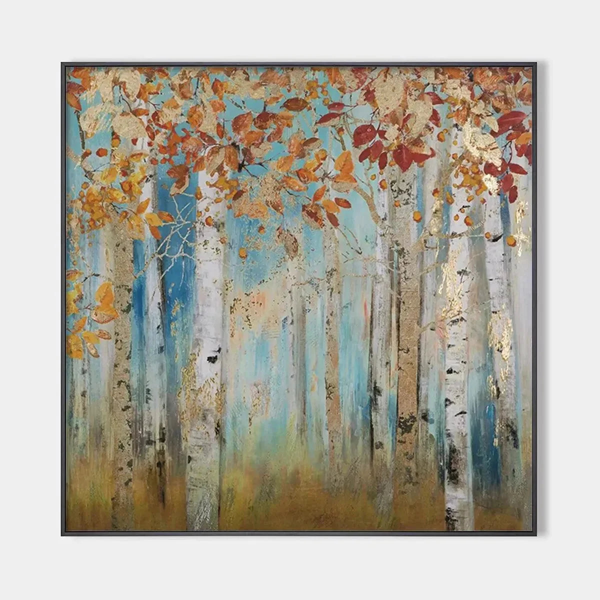 GOLDEN AUTUMN FOREST: Textured Autumn Forest Painting, Square Wall Art | hanging in living room, Landscape wall art