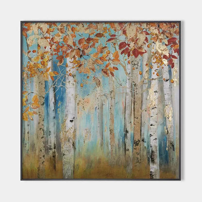 GOLDEN AUTUMN FOREST: Textured Autumn Forest Painting, Square Wall Art | hanging in living room, Landscape wall art