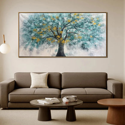 GOLDEN AUTUMN: Panoramic Tree Painting, Textured Wall Art, Blue, Gold, Living Room, Bedroom, Office | Landscape closeup, raised brushwork detail
