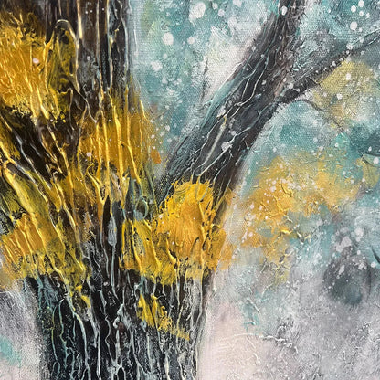 GOLDEN AUTUMN: Panoramic Tree Painting, Textured Wall Art, Blue, Gold, Living Room, Bedroom, Office | rectangular format, hand-painted canvas edge